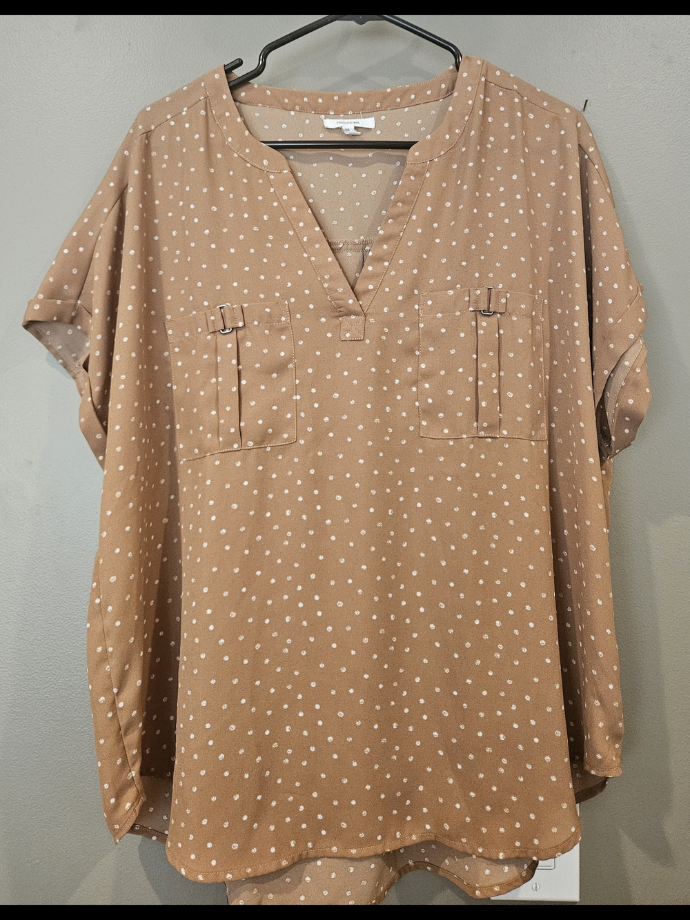 Maurices Tan Polka Dot Short Sleeve V-Neck Blouse